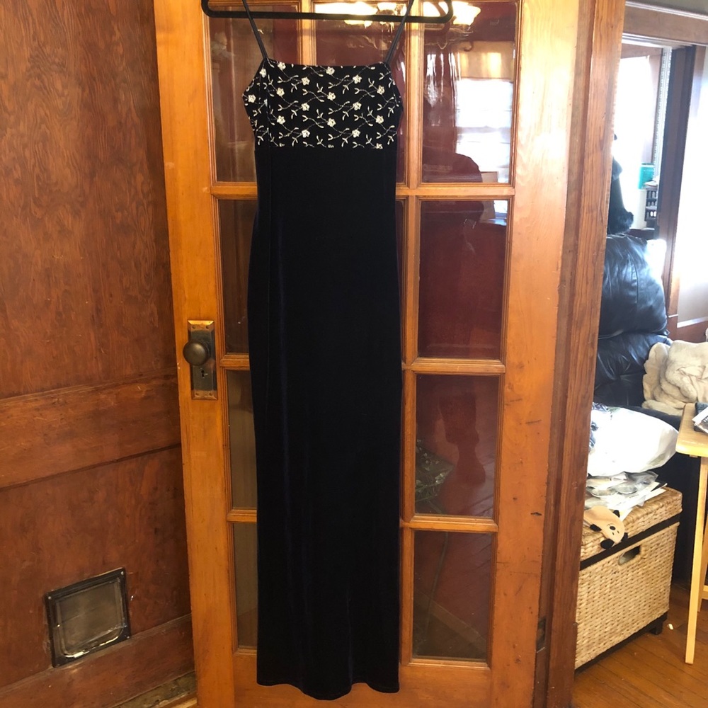 Full Length Navy Velour Evening Gown